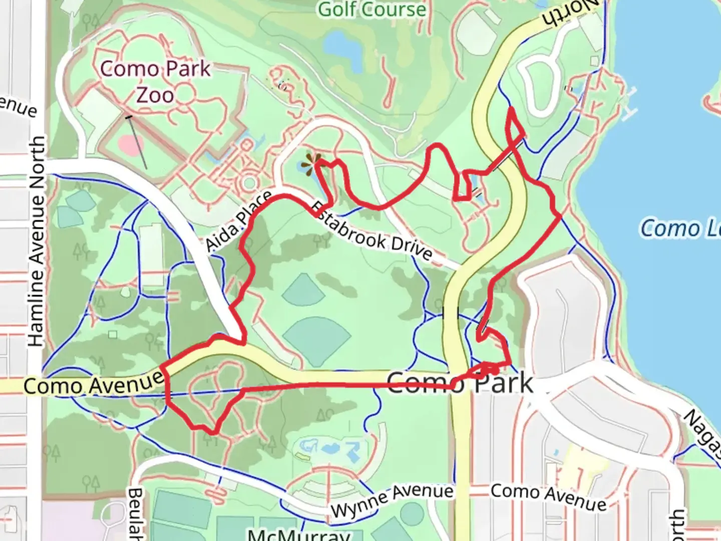 An image depicting the trail Como Park Loop and its surrounding area.