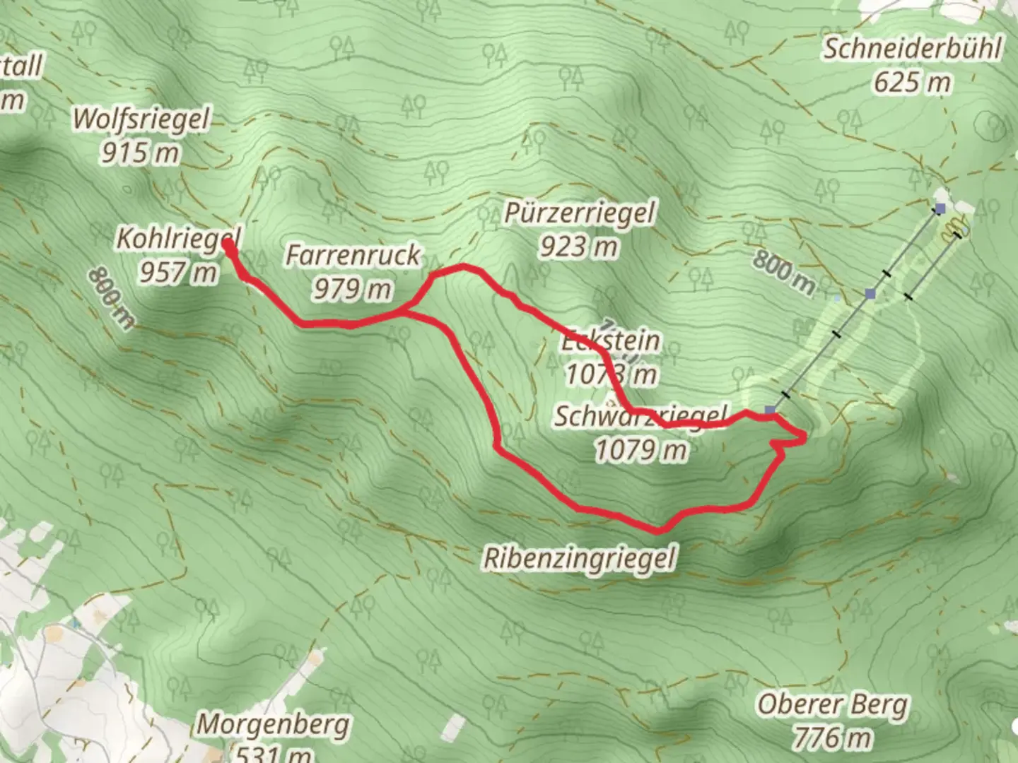 An image depicting the trail Bärenriegel, Eckstein and Ahornriegel Loop via Baierweg and its surrounding area.