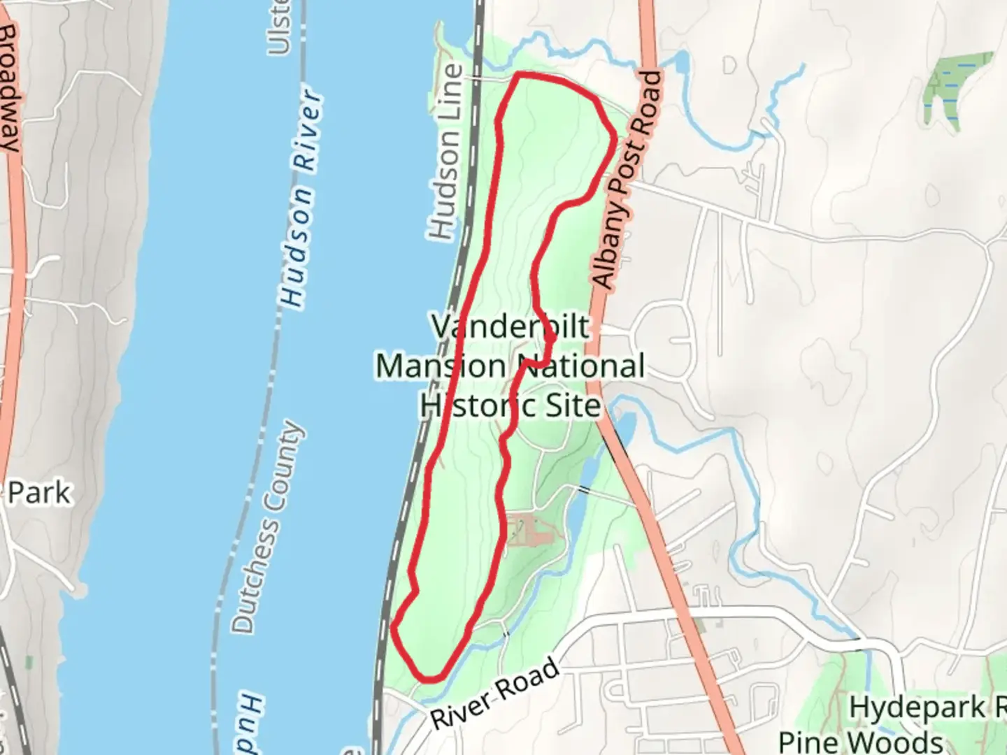An image depicting the trail Vanderbilt Mansion National Historic Site Loop and its surrounding area.