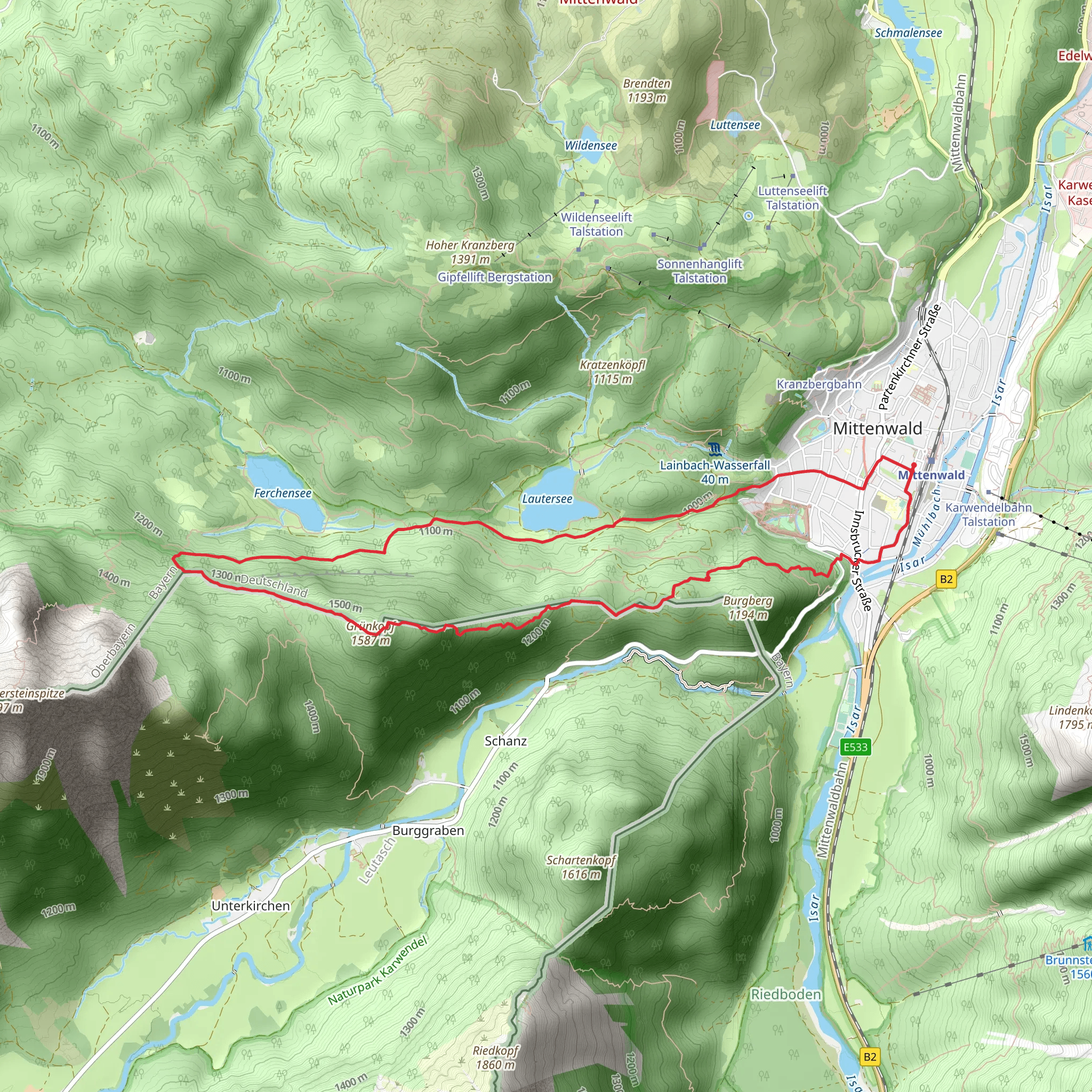 Lautersee and Grünkopf Loop via Wanderweg 821 - Mittenwald mobile static map