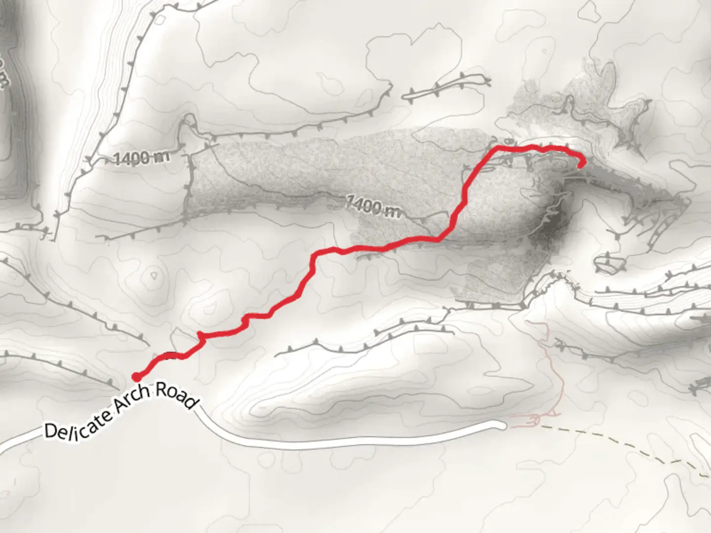 An image depicting the trail Delicate Arch Trail and its surrounding area.