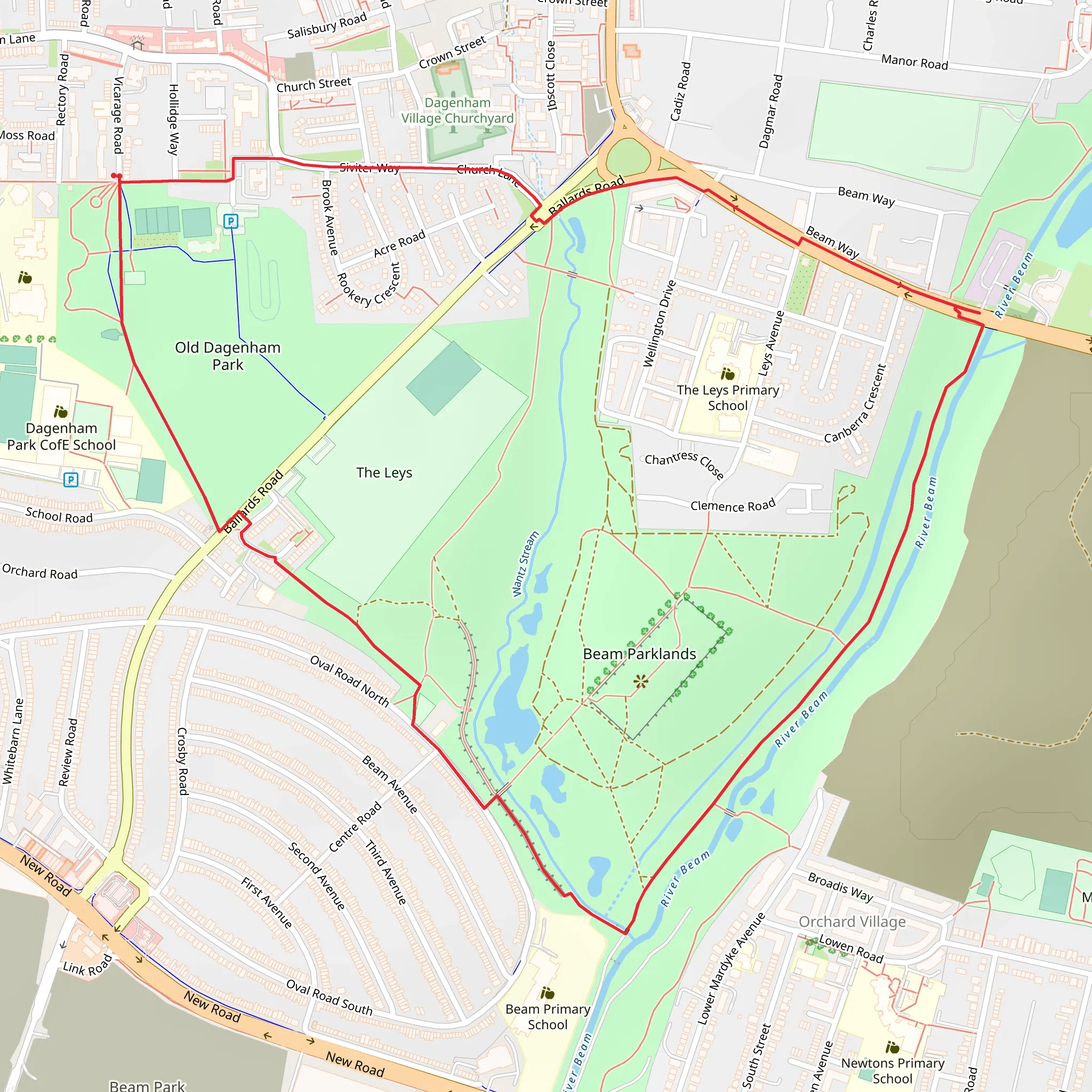Old Dagenham Park and Beam Parklands Loop mobile static map