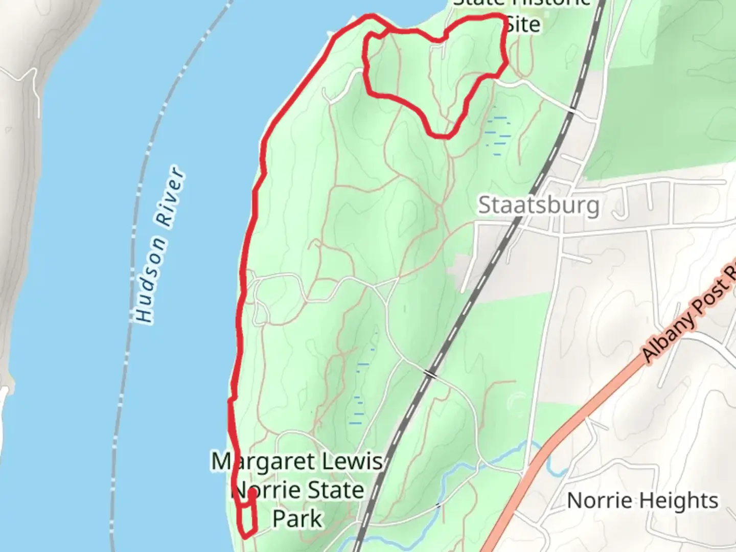 An image depicting the trail Mills Mansion Loop via Hudson River and its surrounding area.
