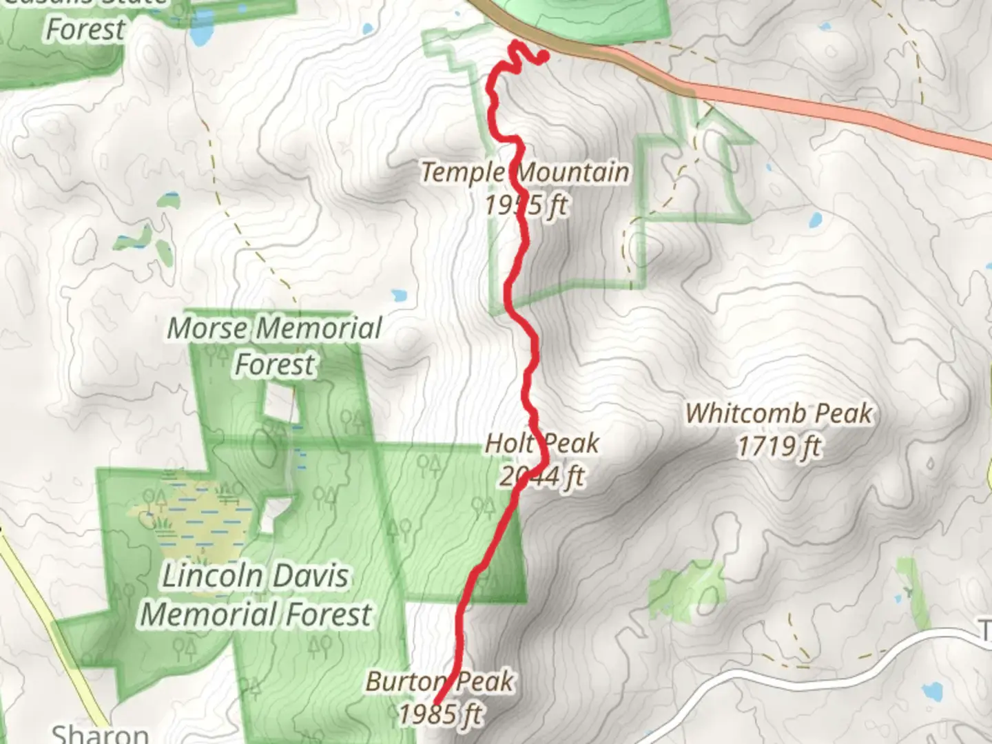 An image depicting the trail Burton Peak via Wapack Trail and its surrounding area.