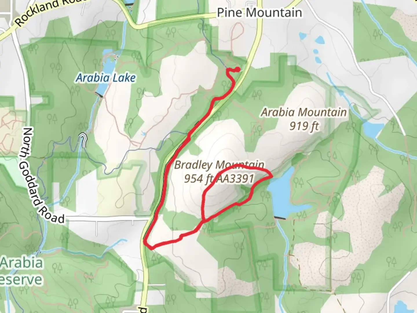 An image depicting the trail Arabia Mountain via Klondike Trail and its surrounding area.