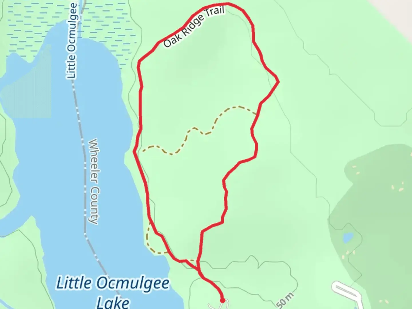 An image depicting the trail Little Ocmulgee State Park and Lodge Loop and its surrounding area.