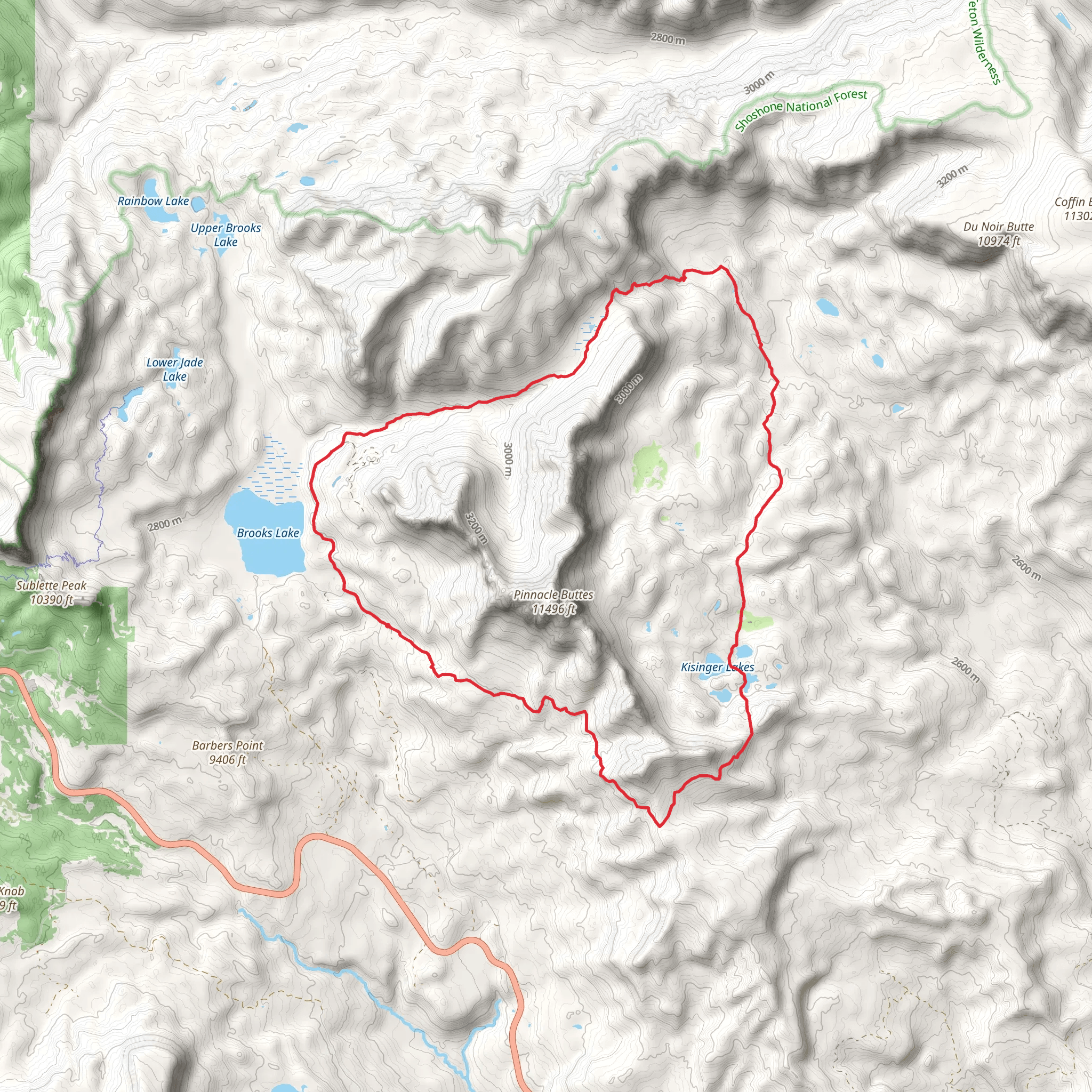 Du Noir, Bonneville Pass, Kisinger Lakes and Pinnacles Loop Trail mobile static map