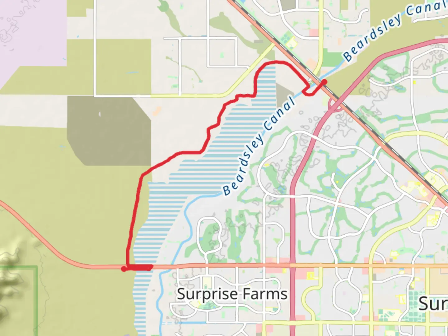 An image depicting the trail Maricopa Trail from Trilby Wash Basin and its surrounding area.