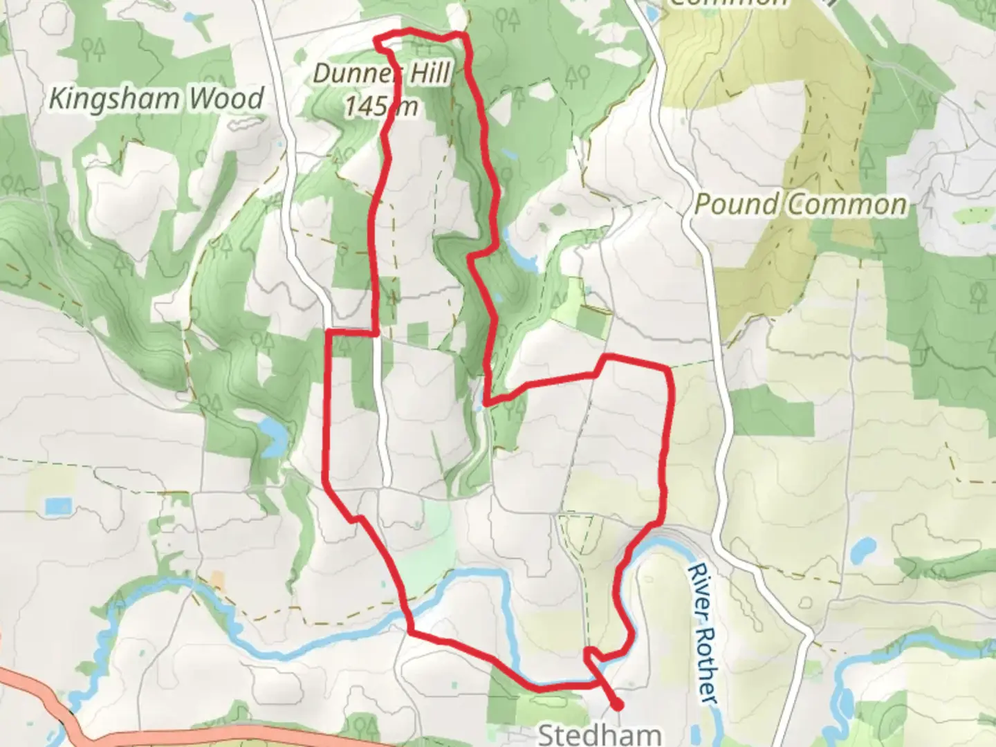An image depicting the trail Upper Bowley Copse and Oakham Common Loop and its surrounding area.