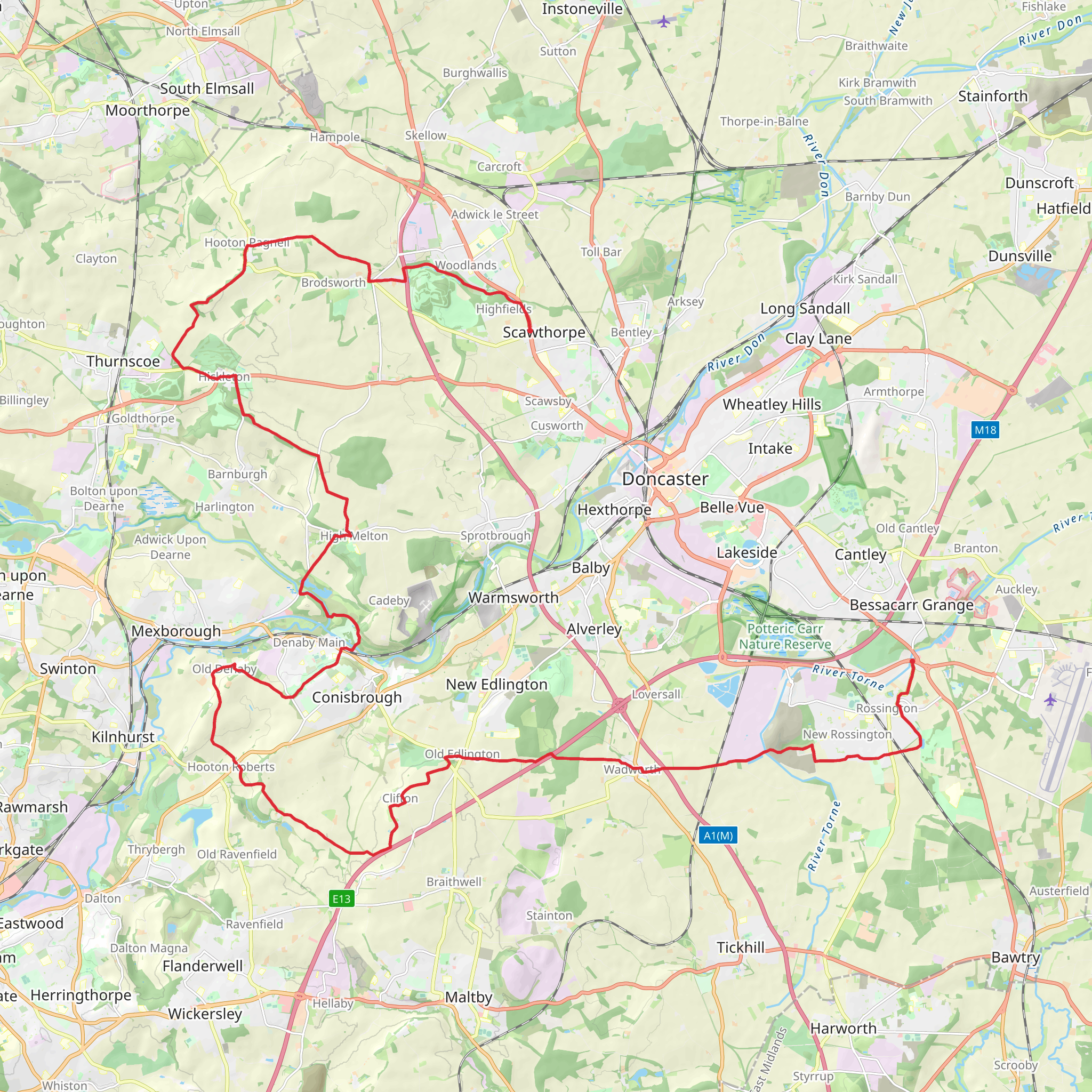 Walk from Parrots Corner Park to Northern Park in Doncaster mobile static map