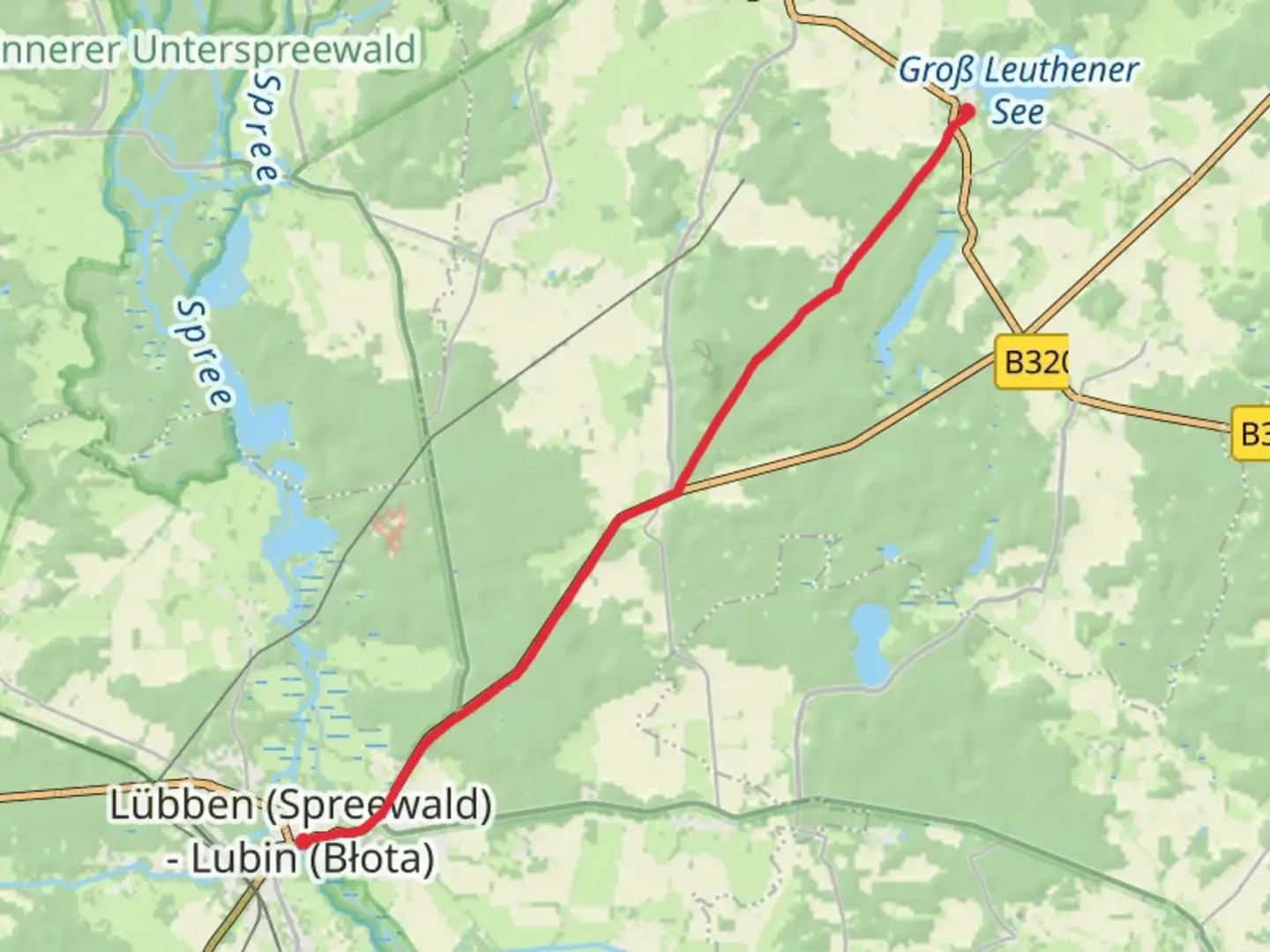 An image depicting the trail Lubben to Gross Leuthener See Loop and its surrounding area.