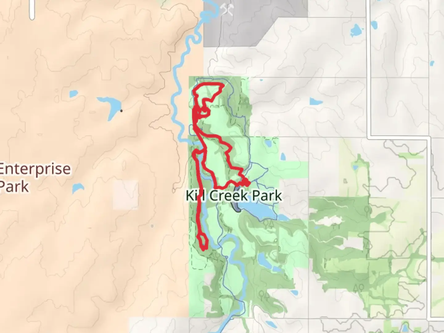 An image depicting the trail Kill Creek, Inner and Outer Hank Loop and its surrounding area.