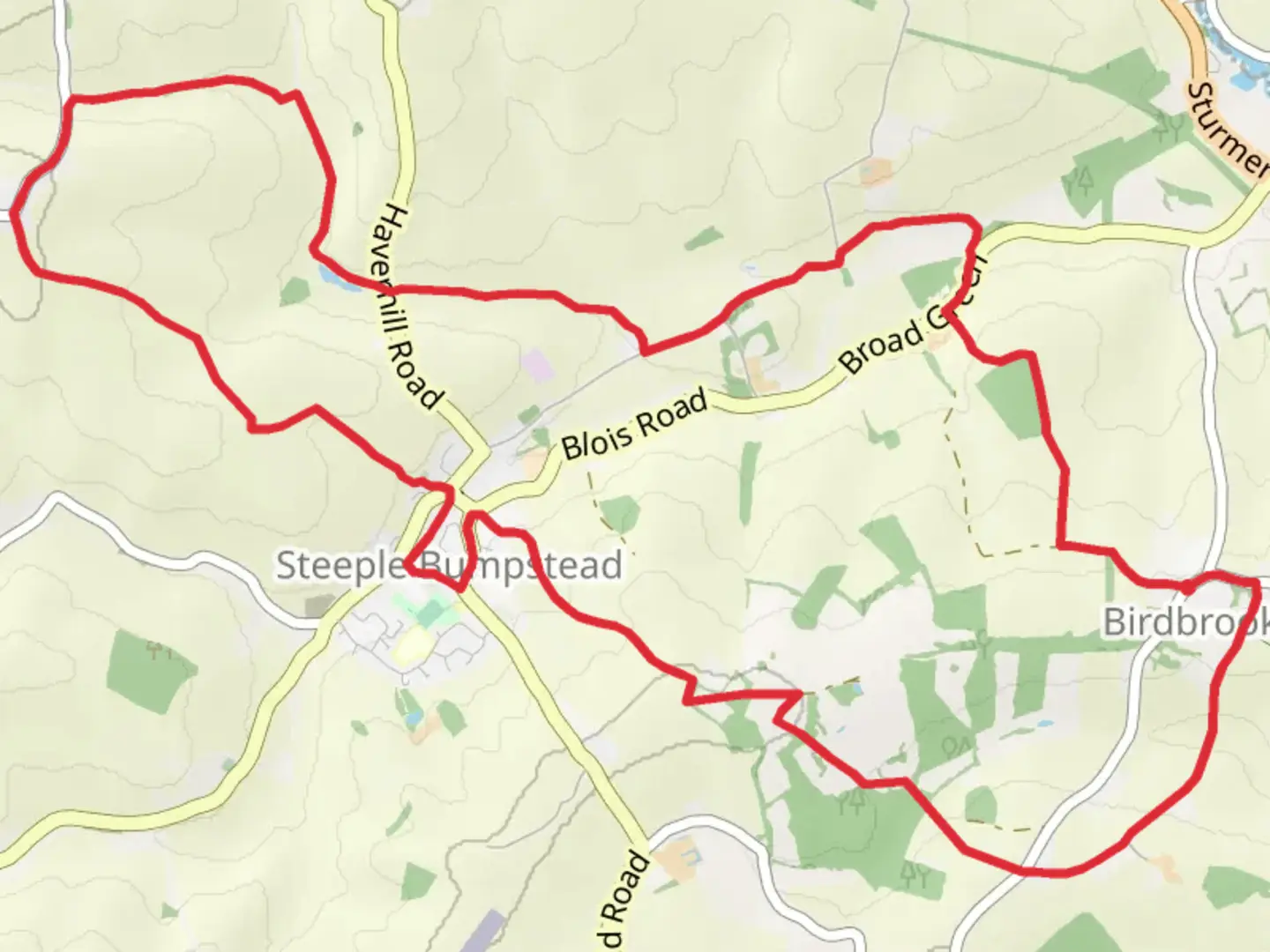 An image depicting the trail Steeple Bumpstead Country Park Loop and its surrounding area.