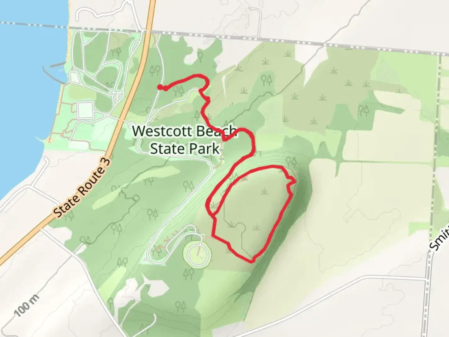 An image depicting the trail Westcott Beach State Park and its surrounding area.