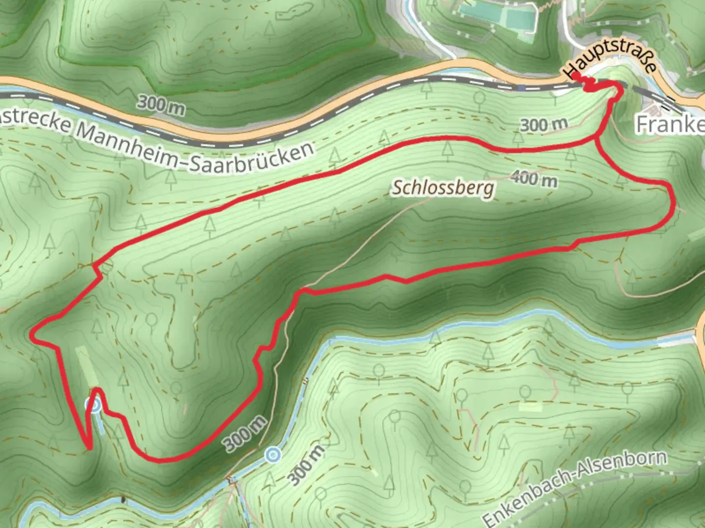 An image depicting the trail Alte Straße, Saufelsen and Schloßberg Loop via Frankenstein and its surrounding area.