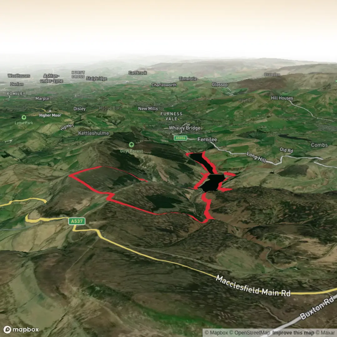 An image depicting the trail Errwood reservoir ruins of Hall shining tor and Fernlee resevpir and its surrounding area.