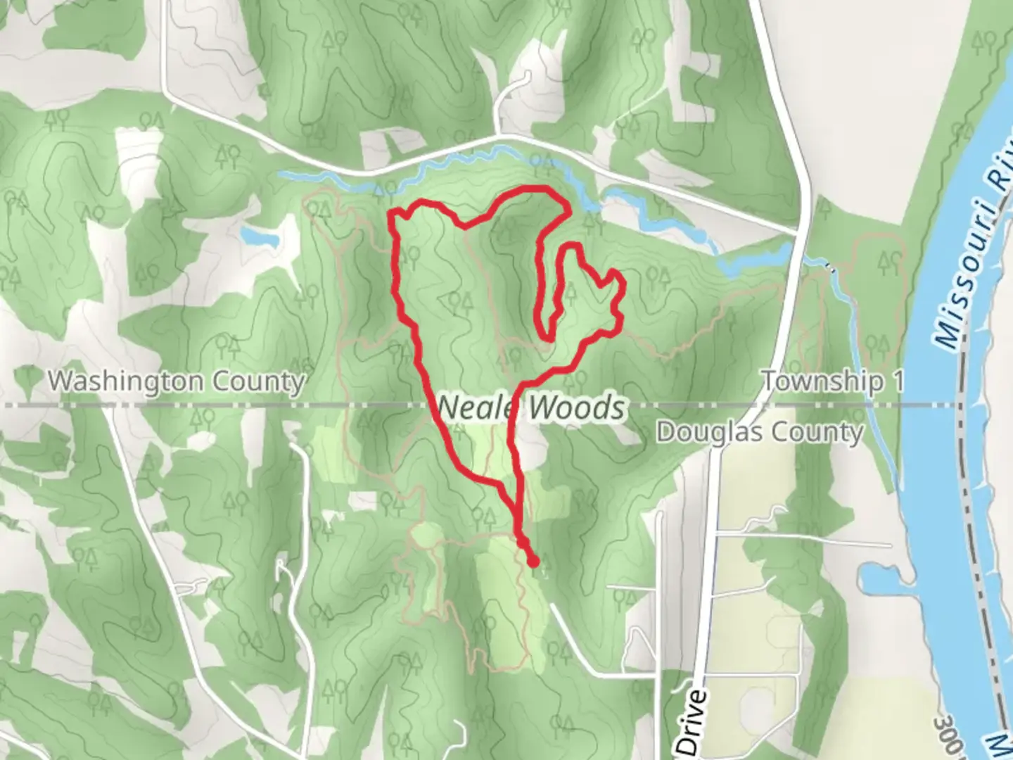 An image depicting the trail Neale Trail, Settlers Trail and Raccoon Hollo Loop and its surrounding area.