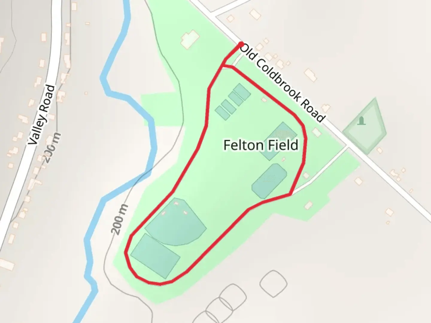 An image depicting the trail Felton Field Loop from Old Coldbrook Road and its surrounding area.