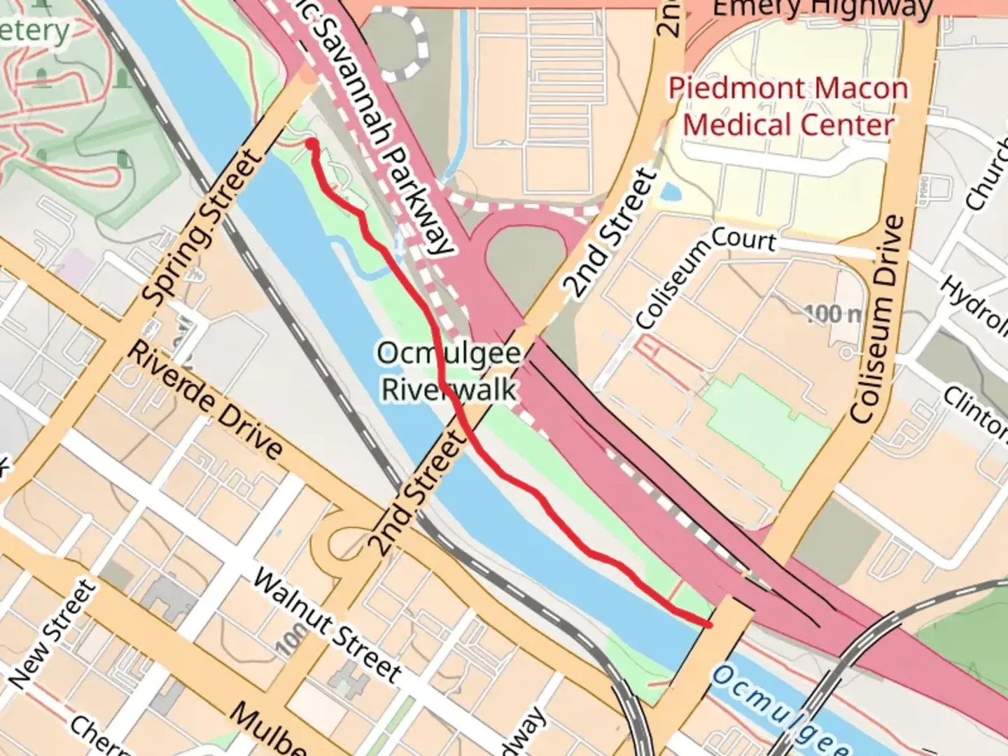 An image depicting the trail Short RIverwalk - East from Spring Street and its surrounding area.