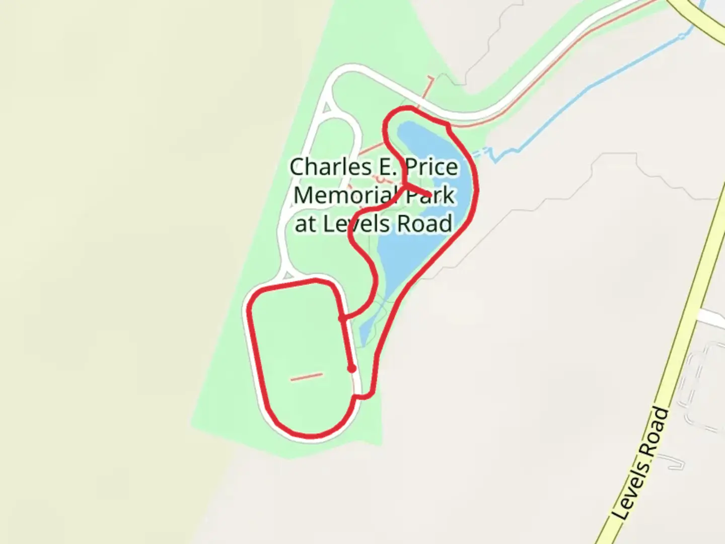 An image depicting the trail Charles E Price Memorial Park at Levels Road Loop and its surrounding area.