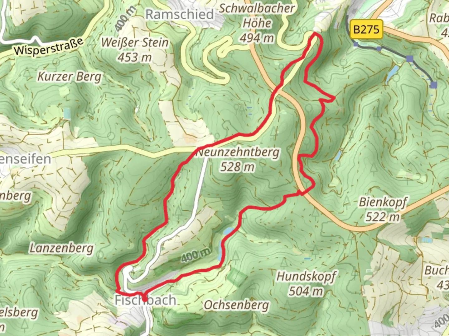 An image depicting the trail Grambach via Fischbach - Bad Schwalbach and Schwarze Eule and its surrounding area.