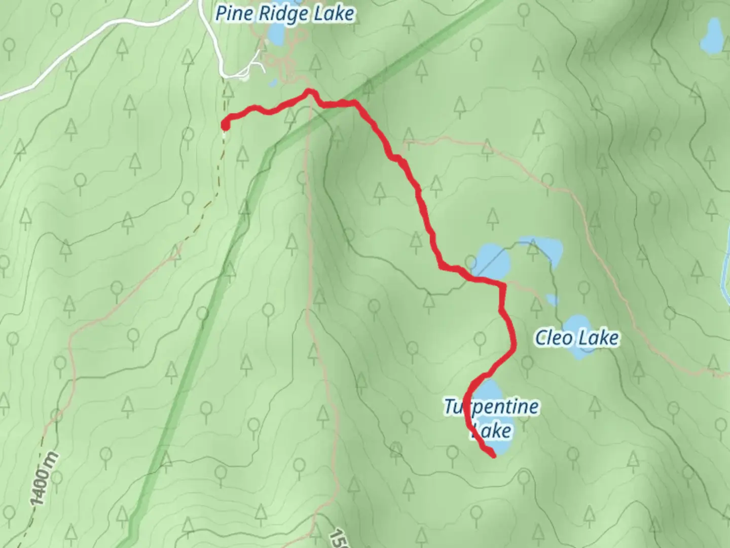 An image depicting the trail Turpentine Lake via Pine Ridge Trail and its surrounding area.