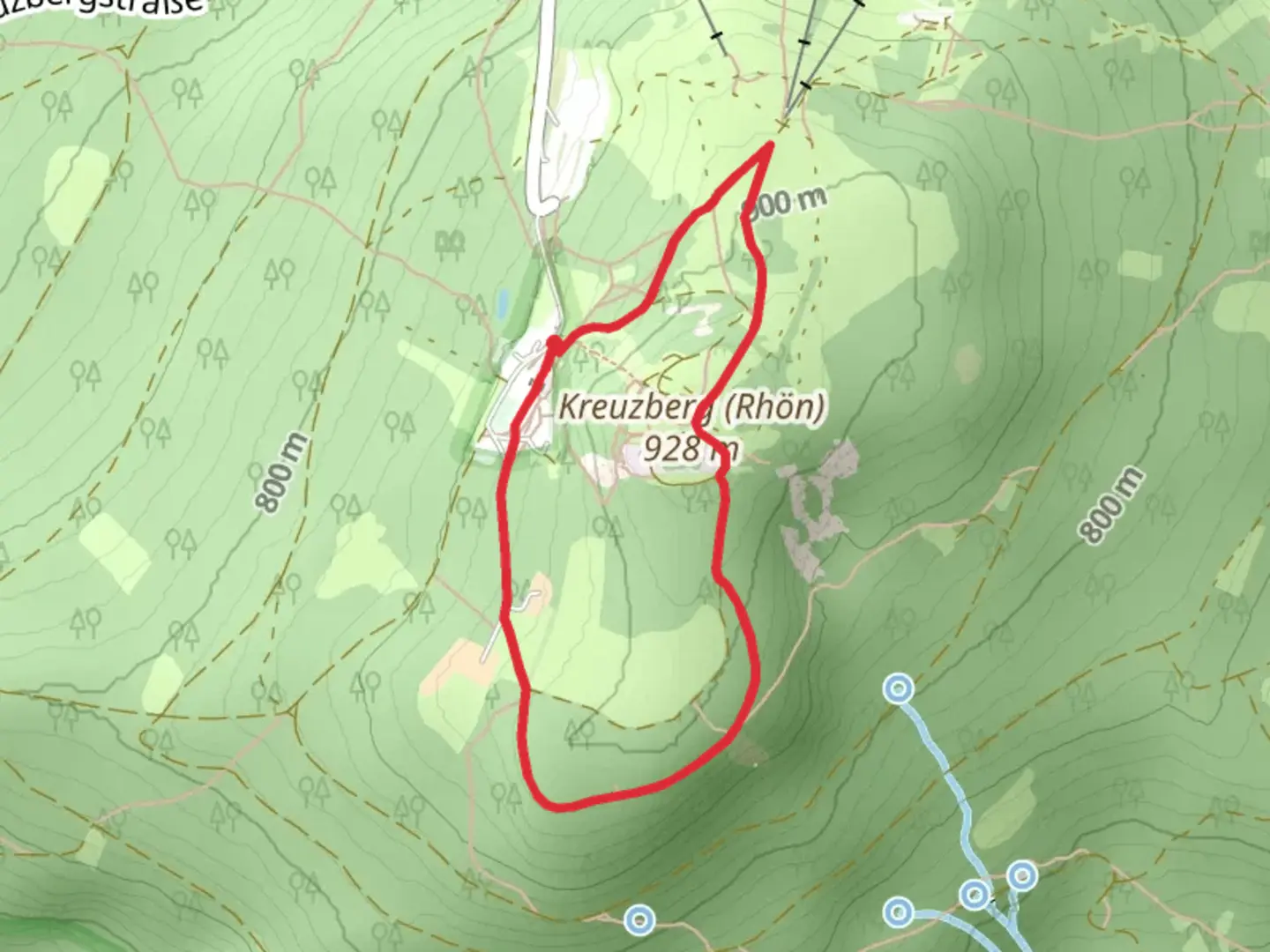An image depicting the trail Rhonflieger and Kreuzberg Loop and its surrounding area.