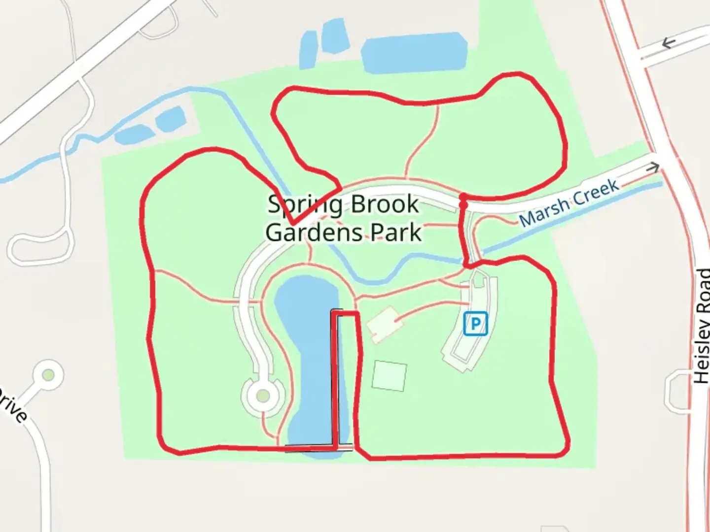 An image depicting the trail Spring Brook Gardens Park Loop and its surrounding area.