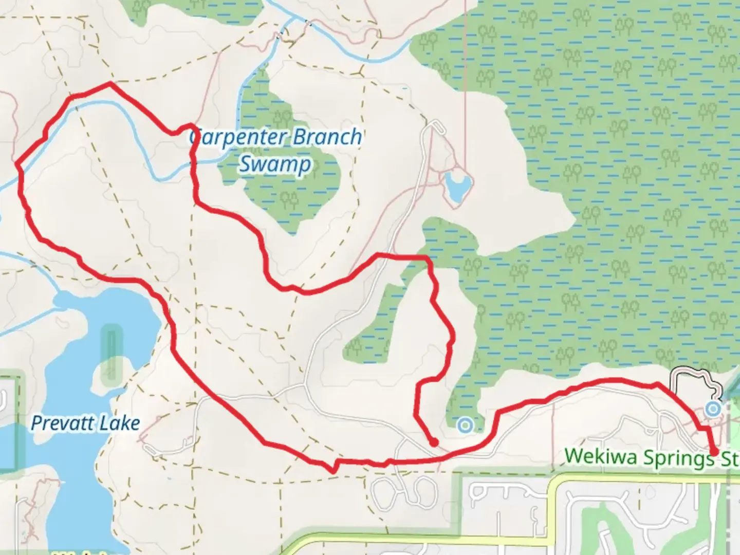 An image depicting the trail Loop along Prevatt Lake and Carpenter Branch and its surrounding area.