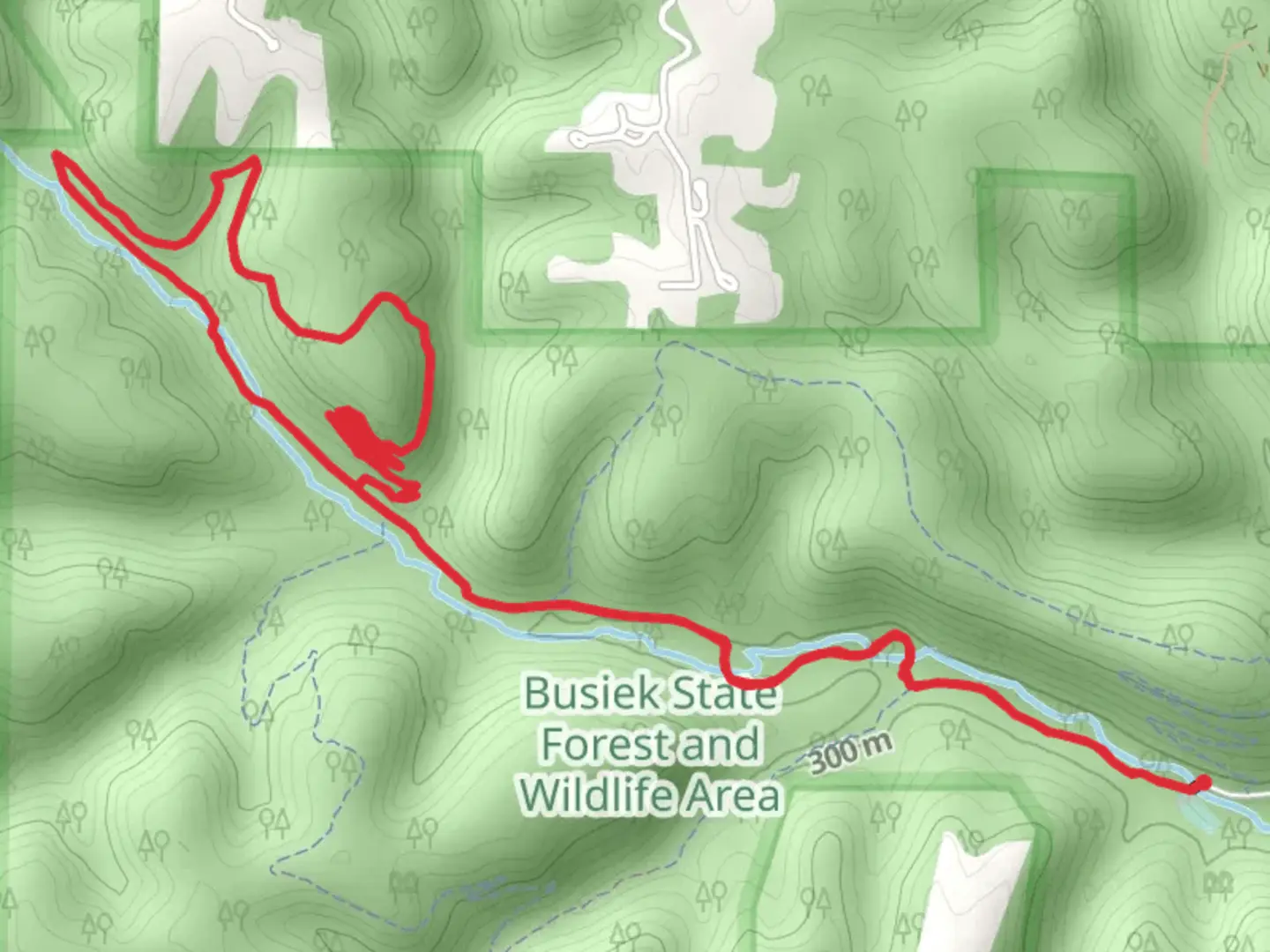 An image depicting the trail Busiek Orange Loop Trail and its surrounding area.
