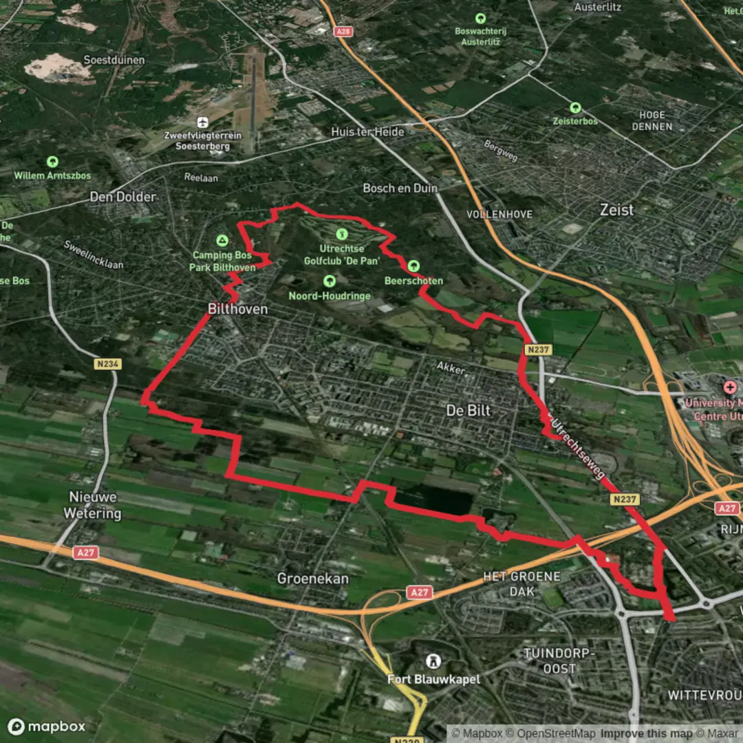 An image depicting the trail Panbos, Biltse Duinen, De Leijen and Hooge Kampse Plas Loop and its surrounding area.