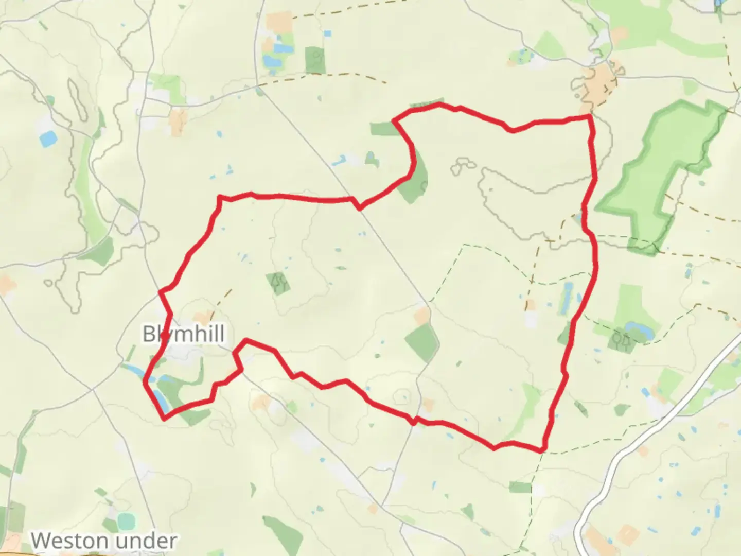 An image depicting the trail Blymhill Loop and its surrounding area.