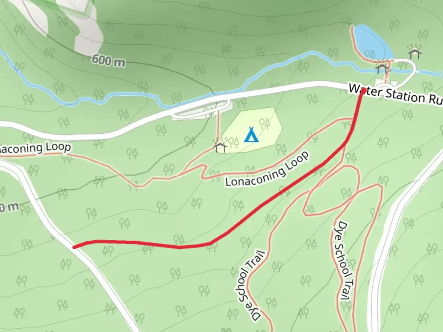 An image depicting the trail Water Station Run Road Southwest and its surrounding area.
