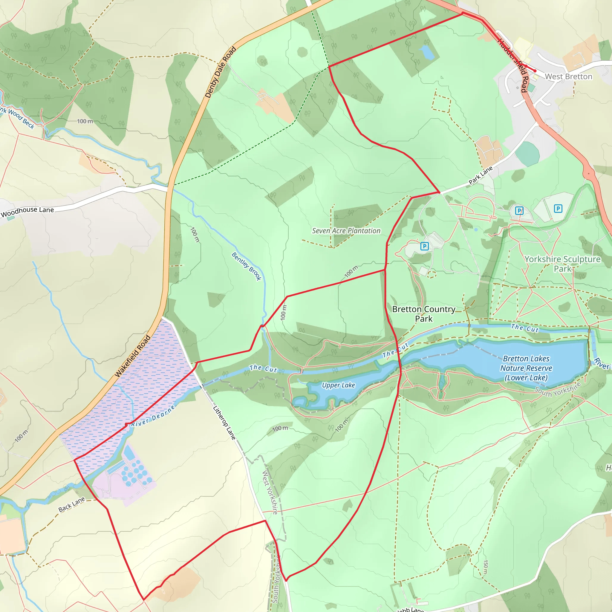 Bretton Country Park West and Upper Lake from West Bretton mobile static map