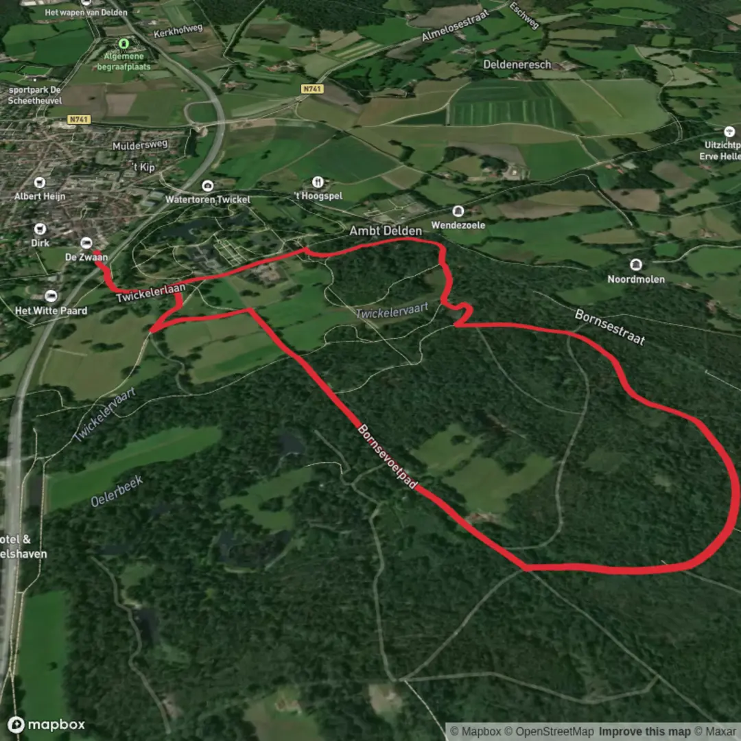 An image depicting the trail Ruwe Braak and Bornsevoetpad Loop and its surrounding area.