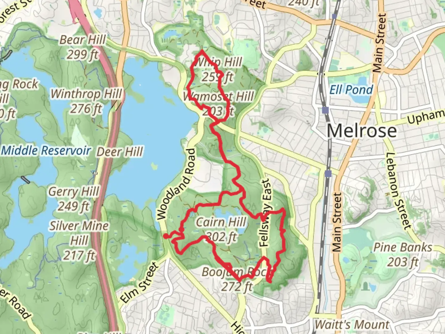 An image depicting the trail Middlesex Fells Reservoir and Whip Hill Park Loop Trail and its surrounding area.