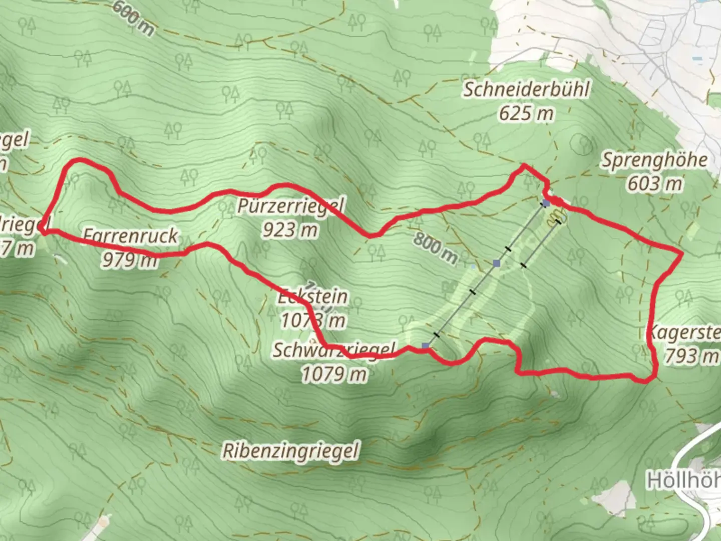 An image depicting the trail Farrenruck, Bärenriegel and Schwarzriegel Loop via Nk03 Hohenbogen Touristenweg and its surrounding area.