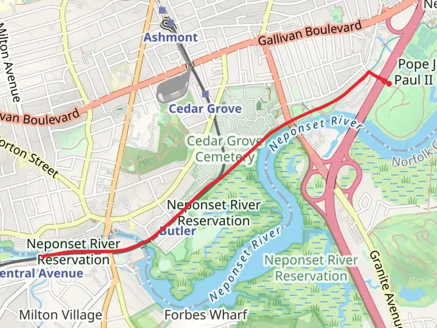 An image depicting the trail Neponset River Greenway and its surrounding area.