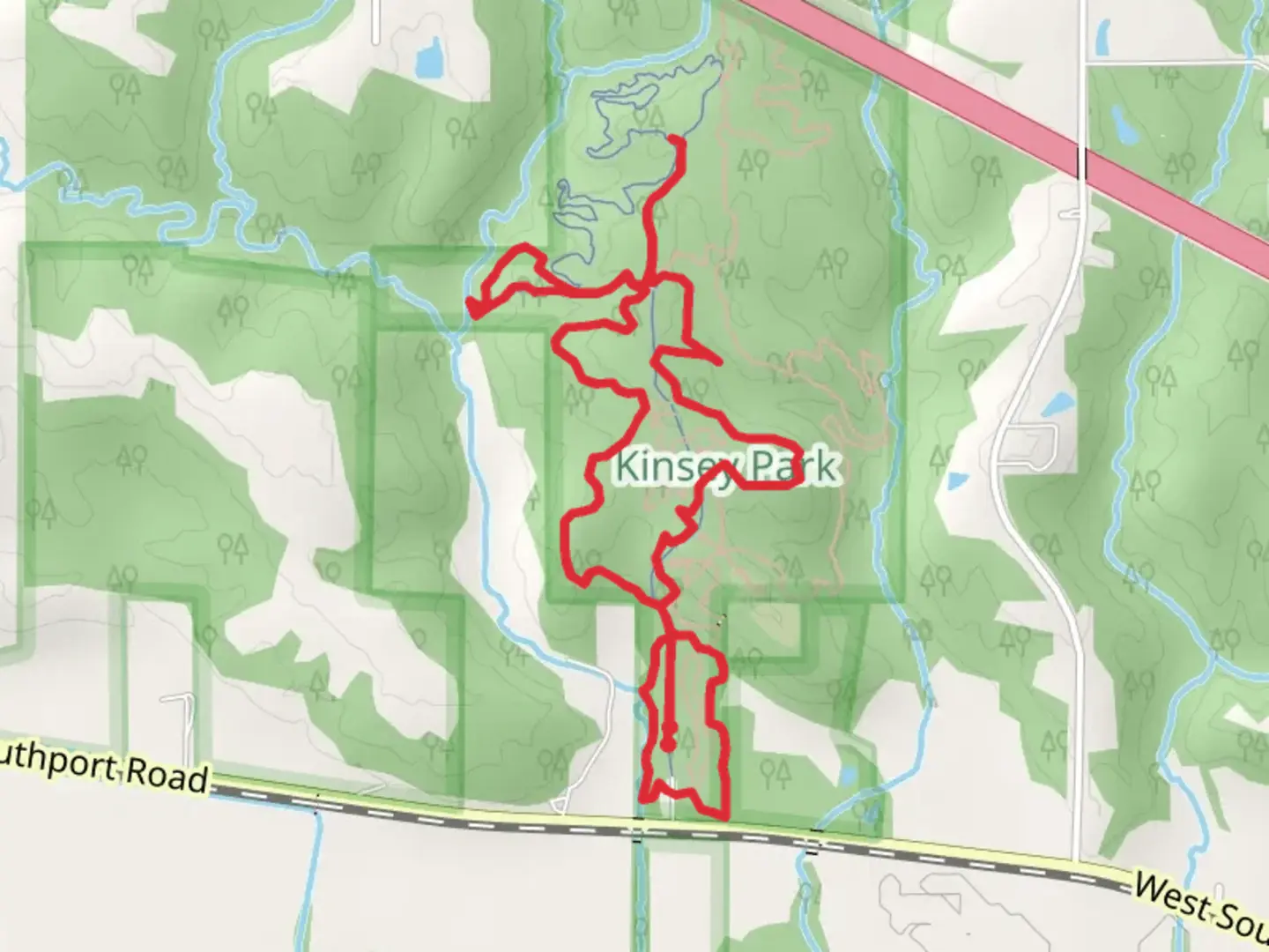 An image depicting the trail Munchkinland West, Ruby Slippers and Emerald Forest - Kinsey Park Loop and its surrounding area.