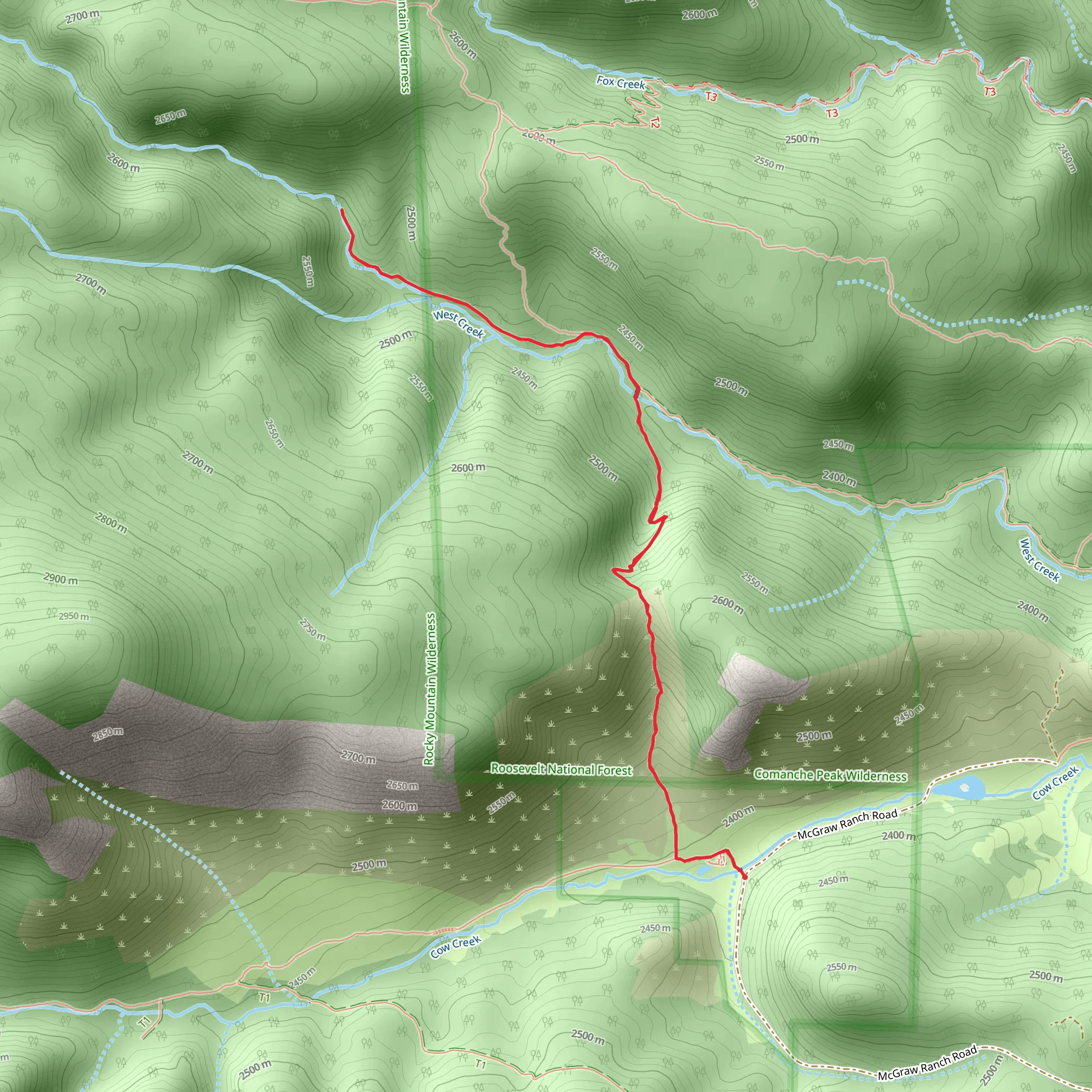 West Creek Falls Trail from McGraw Ranch Road mobile static map