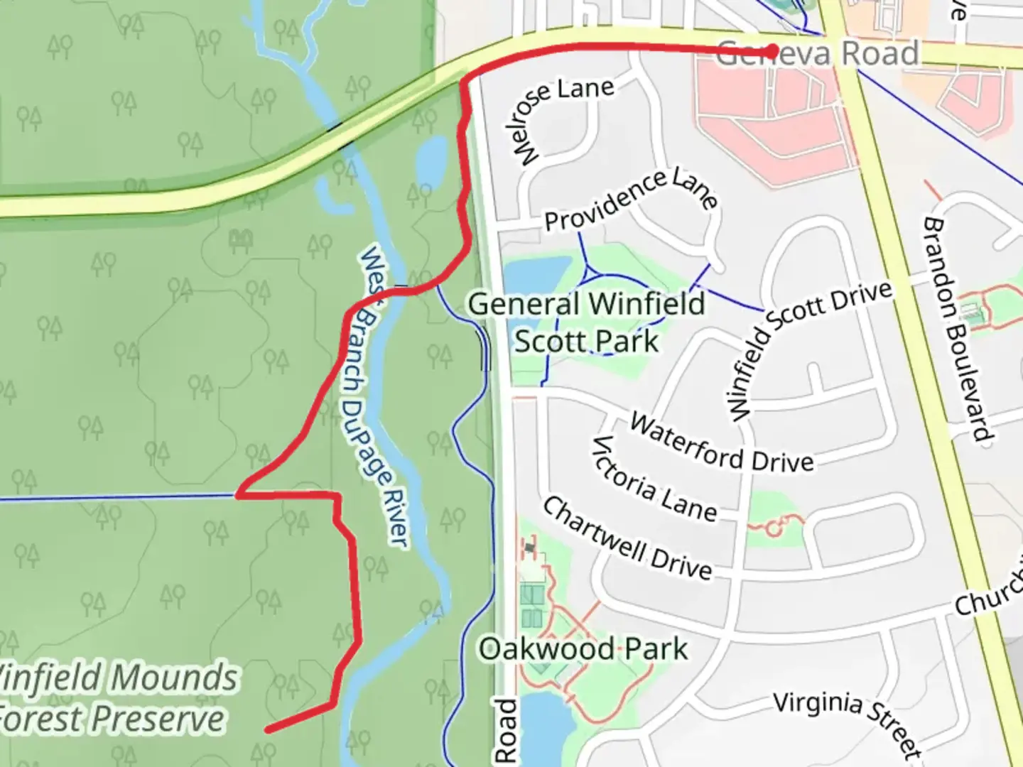 An image depicting the trail Winfield Mounds and Illinois Prairie Path Geneva Spur and its surrounding area.