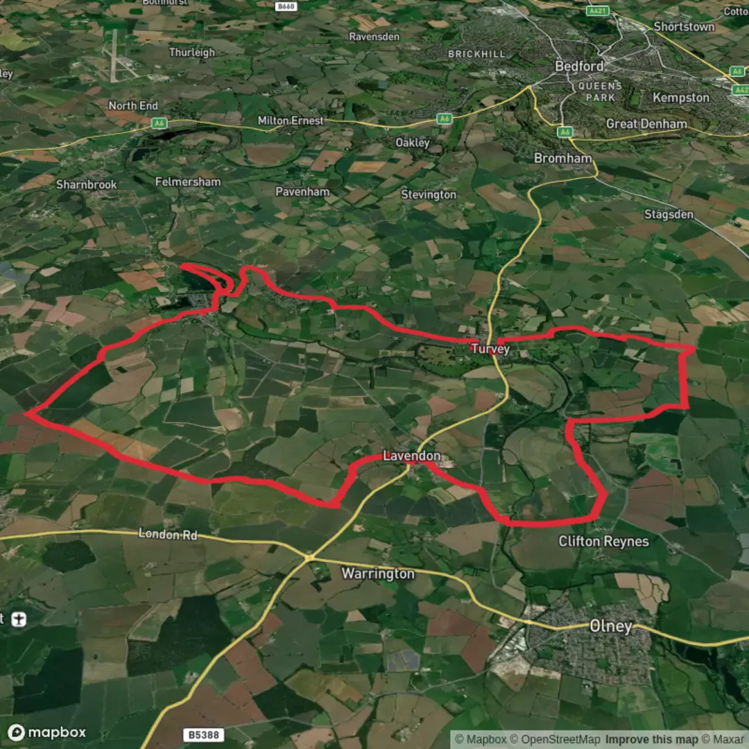 An image depicting the trail Lavendon 30KM and its surrounding area.