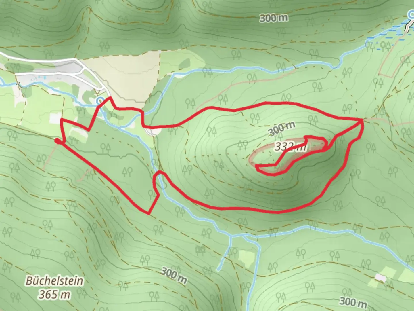 An image depicting the trail Alteburg via Kulturweg Biebergemuend 2 and its surrounding area.