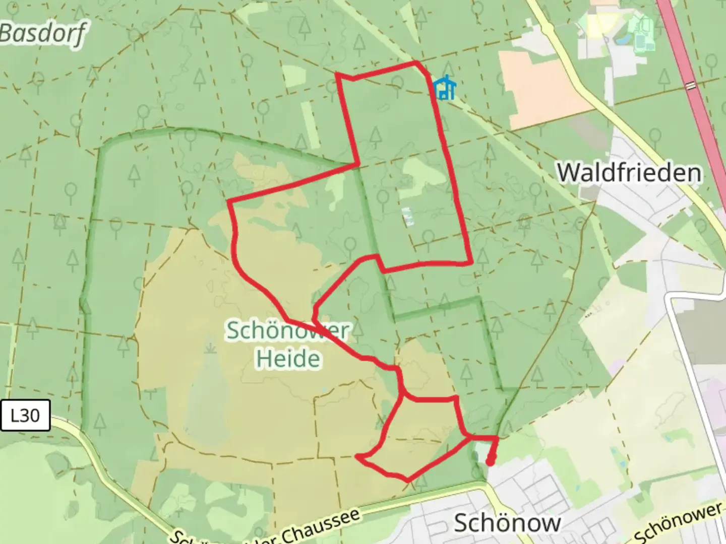 An image depicting the trail NSG Schönower Heide Loop and its surrounding area.