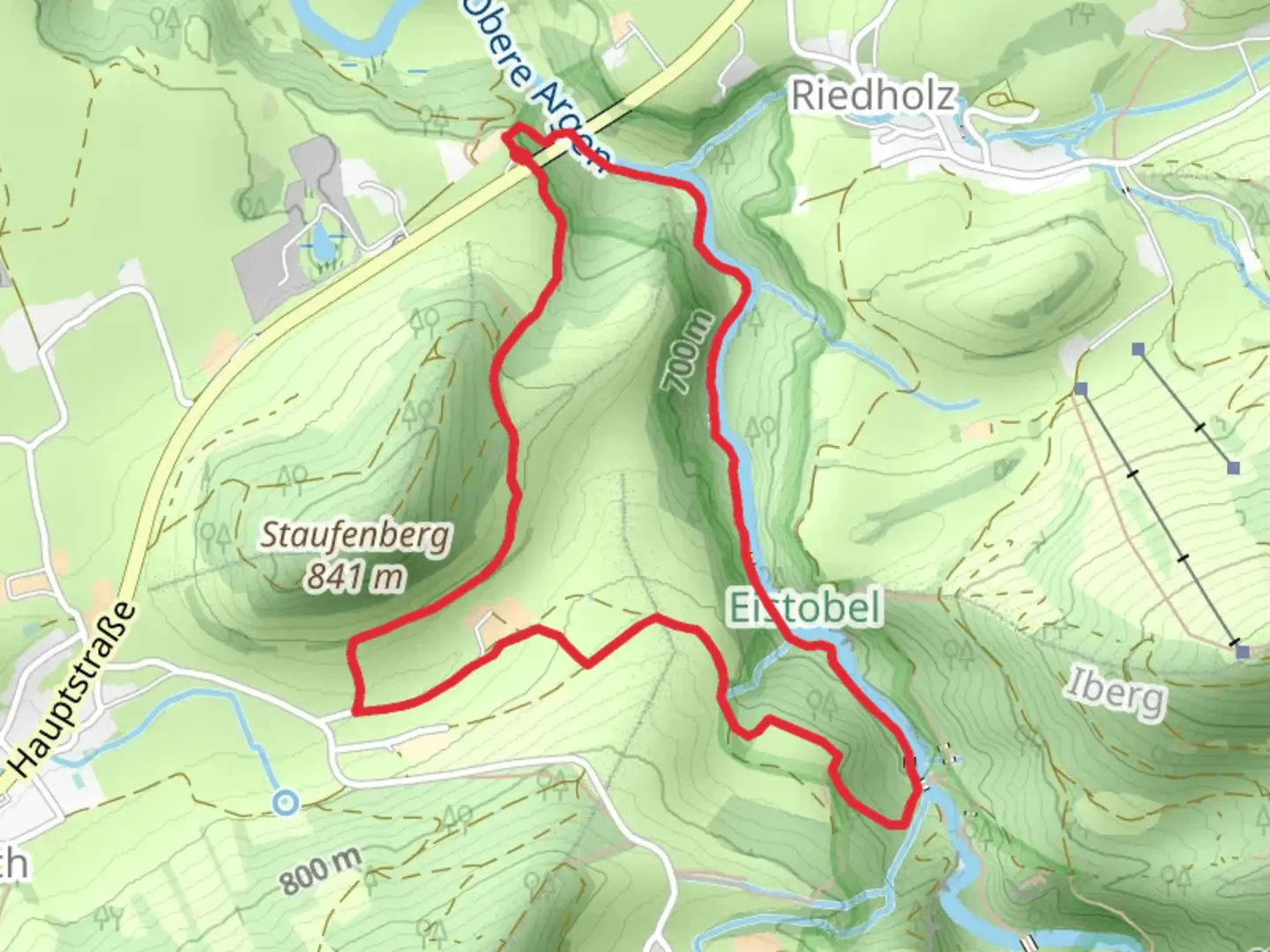 An image depicting the trail Obere Argen and Eistobel Wanderweg via Eistobel Wanderweg and its surrounding area.