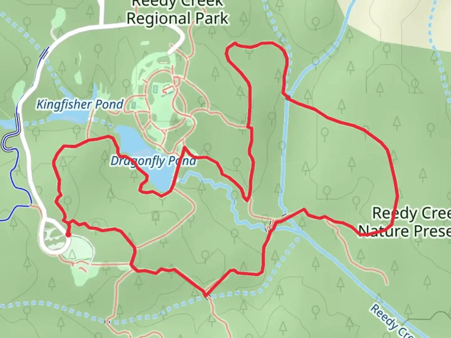 An image depicting the trail Dragonfly Pond - Reedy Creek Park Loop and its surrounding area.