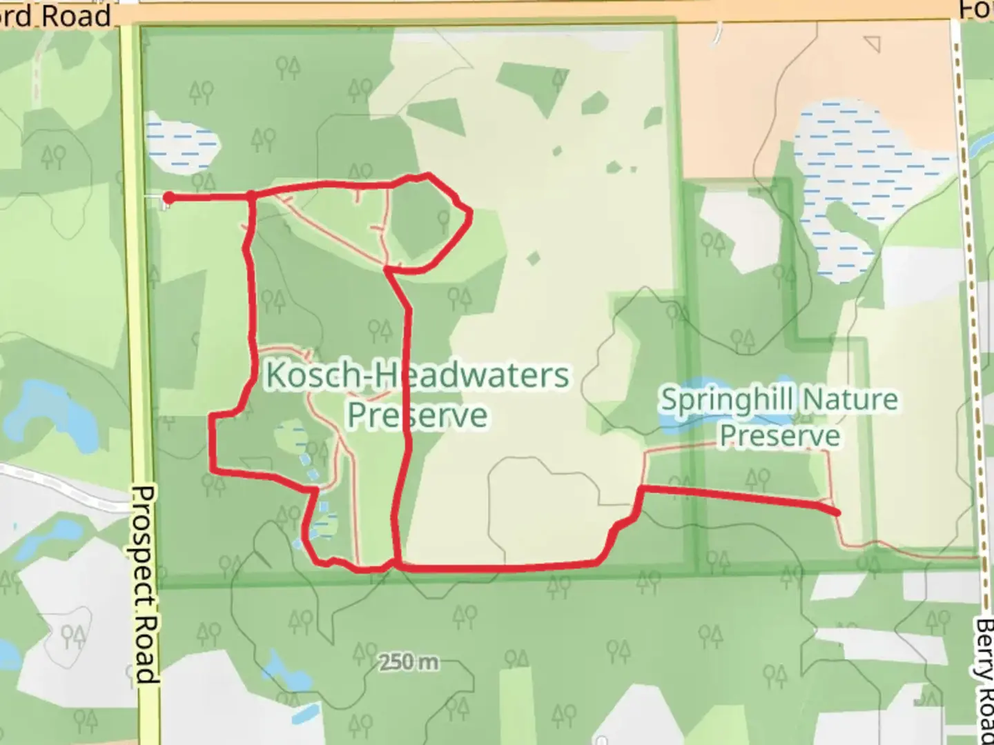 An image depicting the trail Woodland Trail, Springhill Trail and Field Loop Trail and its surrounding area.