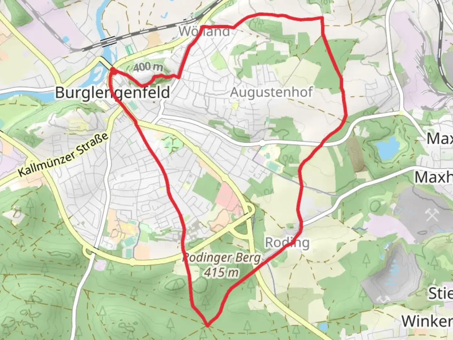 An image depicting the trail Staedtedreieck Rundweg and Scharzenfeld and its surrounding area.