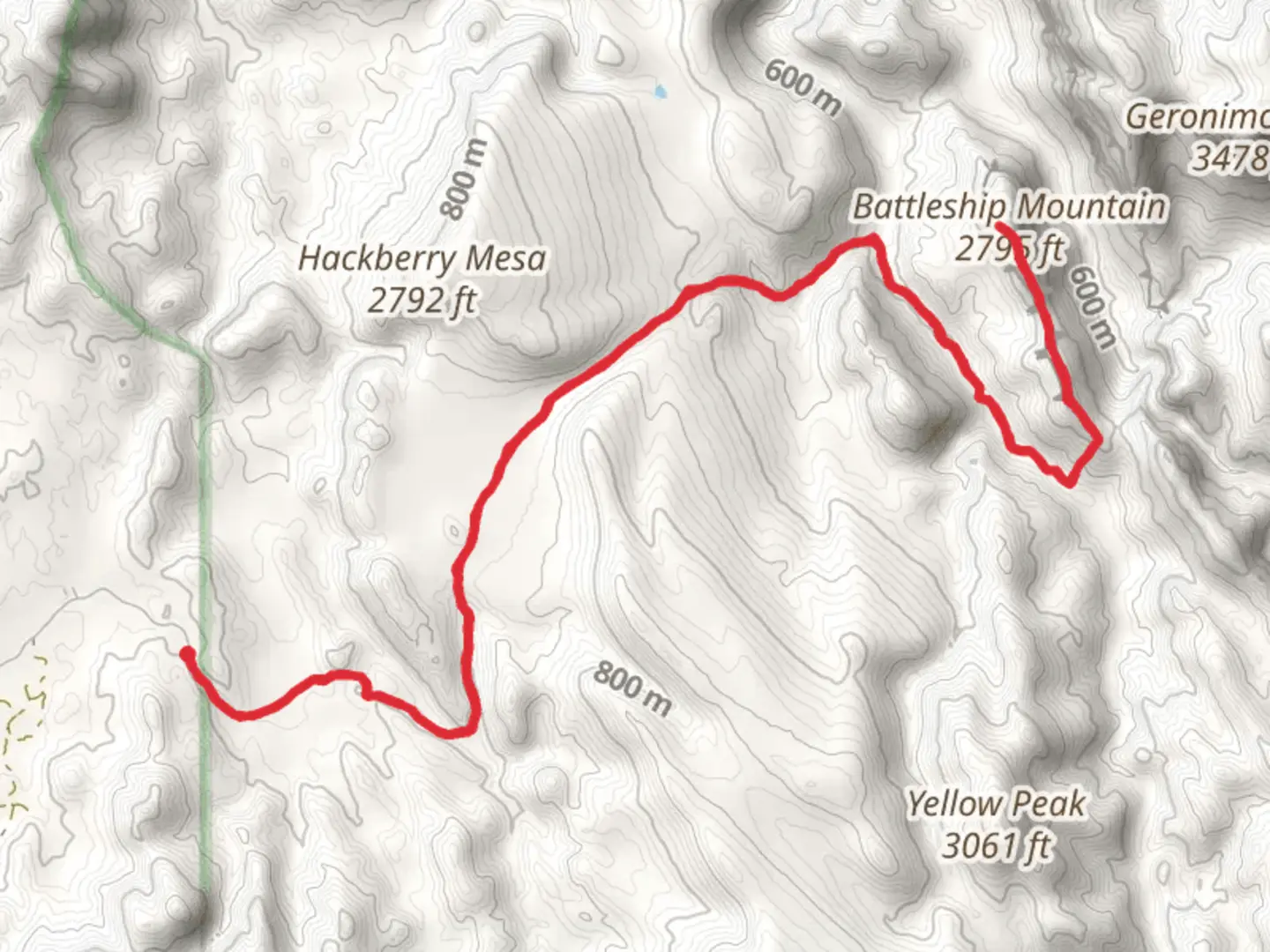 An image depicting the trail Battleship Mountain via Second Water Trail and its surrounding area.
