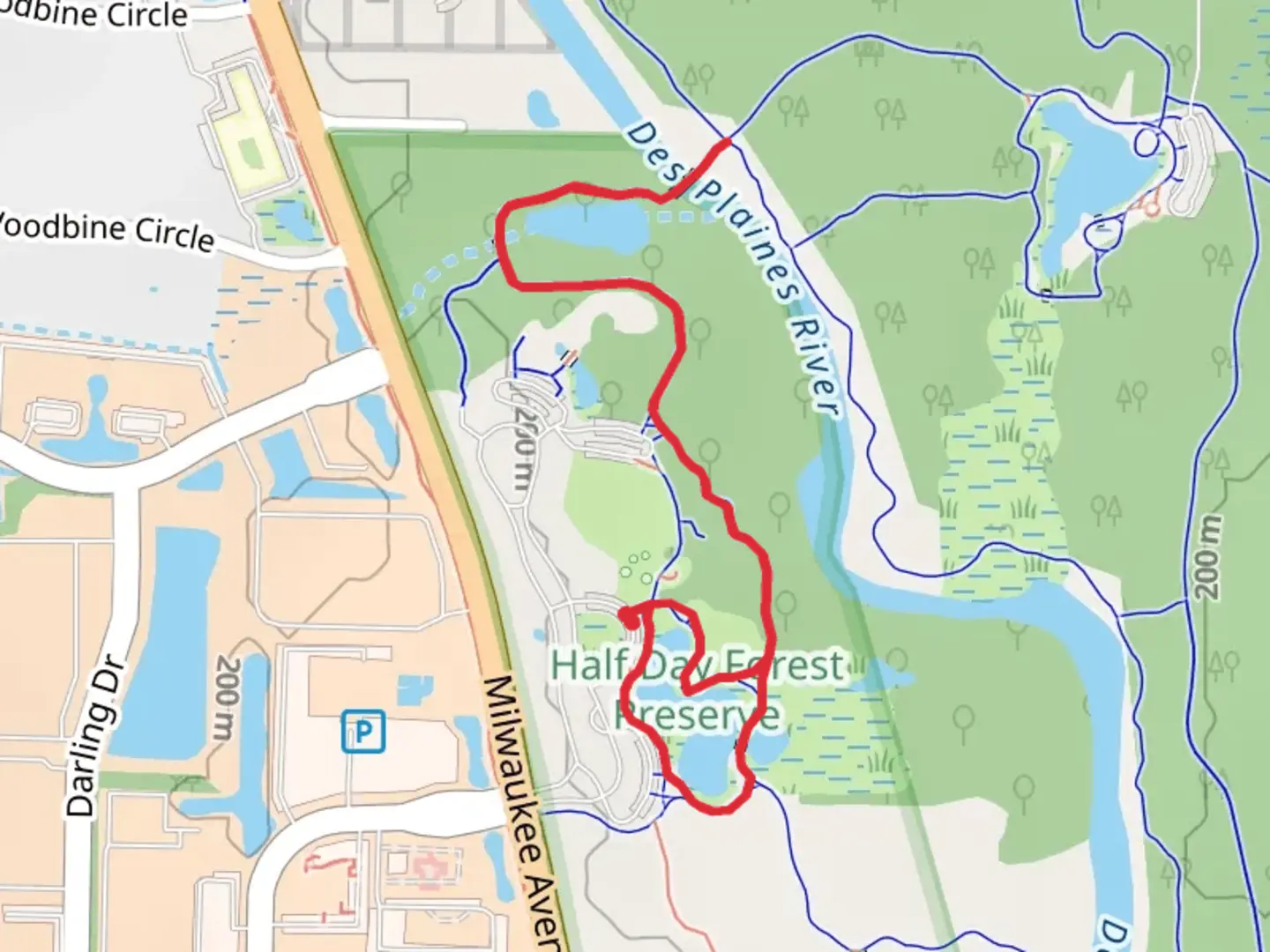 An image depicting the trail Des Plaines River Trail from Half Day Forest Preserve and its surrounding area.